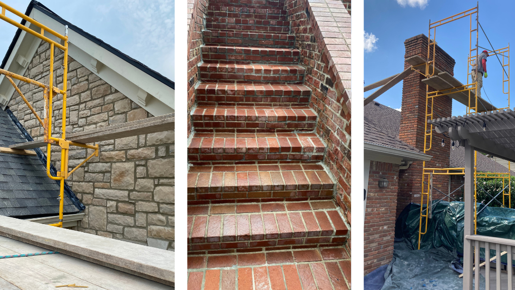 Stone veneer wall, brick steps, and a chimney rebuild in progress on scaffolding